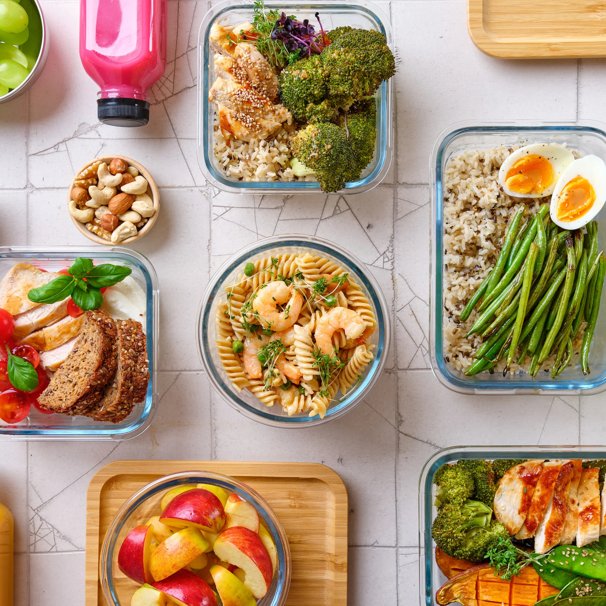 Square overhead photograph of grouped vegetables.
