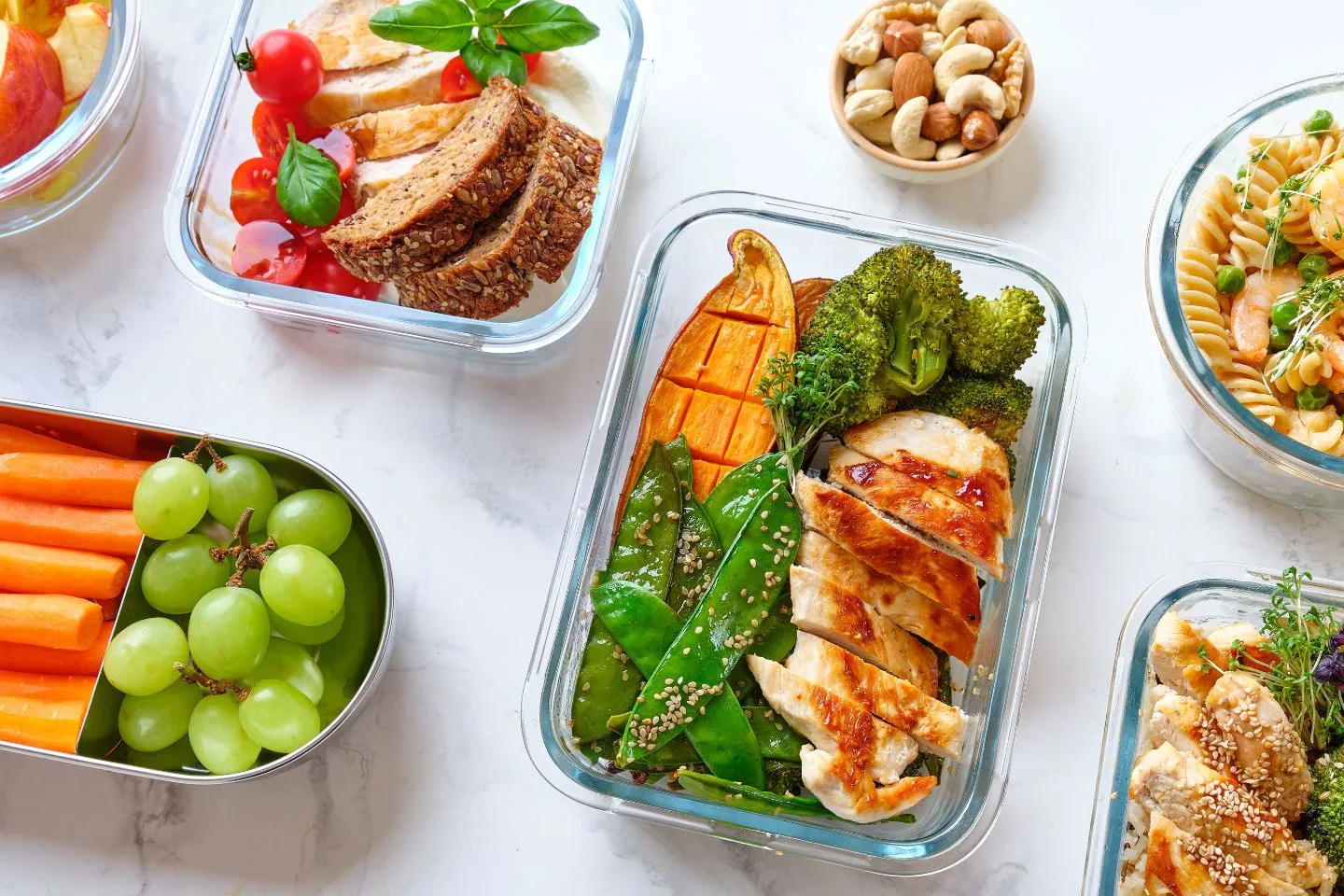 Prepared meal components arranged on a wooden surface.